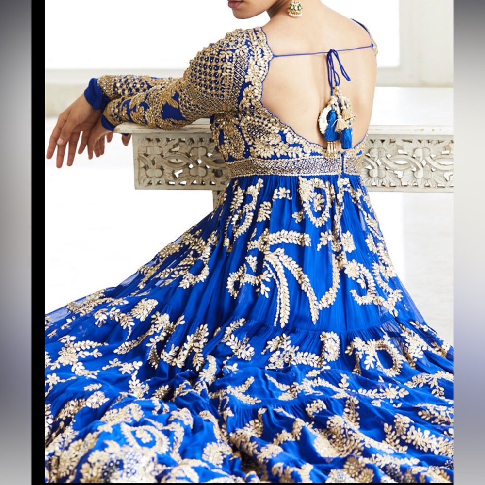 Blue Embellished Backless Lehenga with Bishop Sleeves